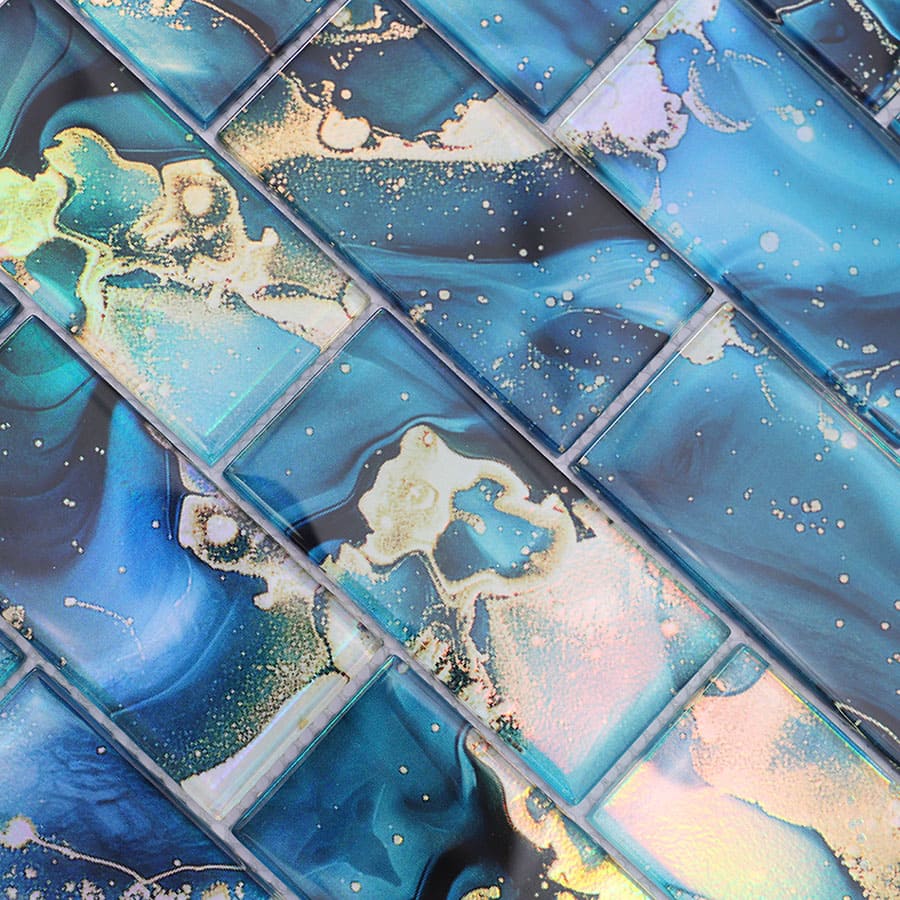 Detailed view of blue glass mosaic pattern with shimmering marble-like finish