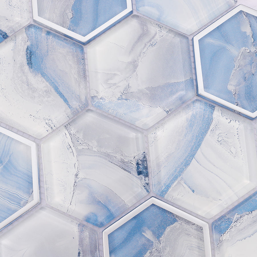 Detailed view of blue and white hexagon glass mosaic pattern with cloudy veining