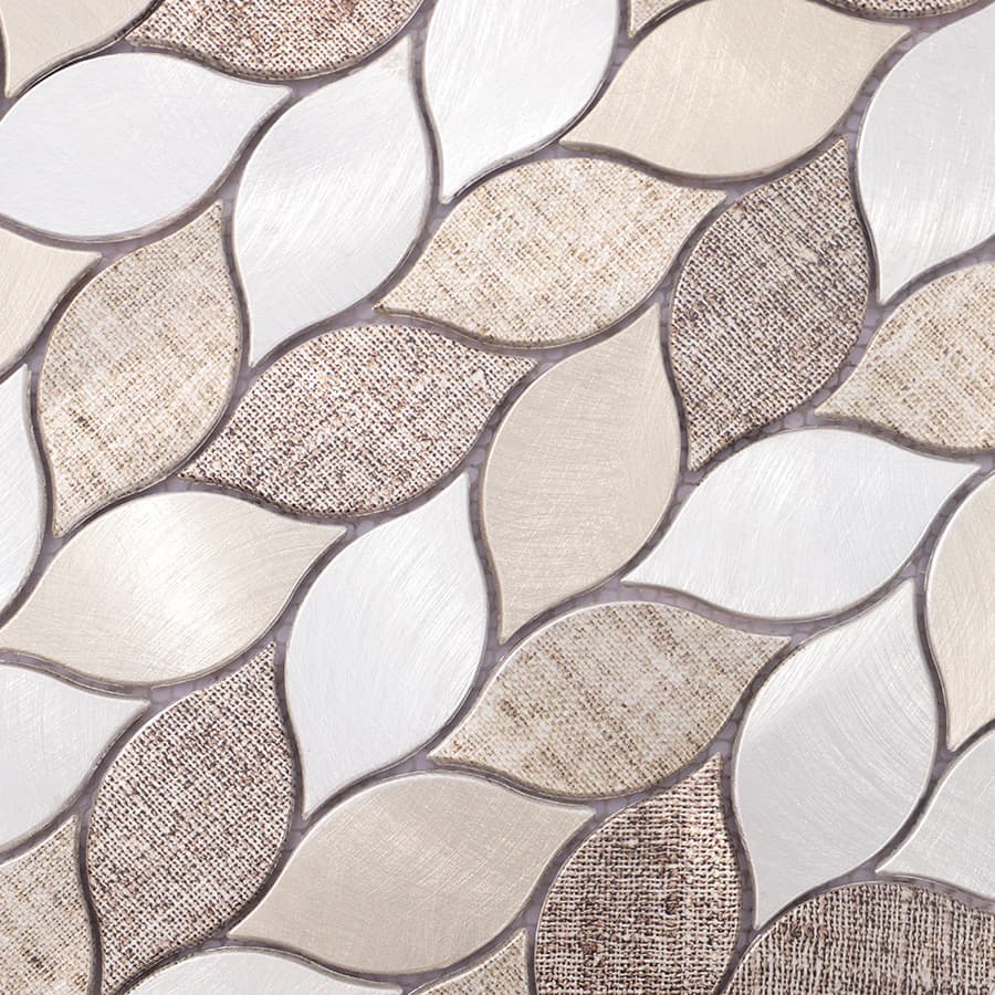 Detailed view of beige and silver leaf aluminum mosaic pattern