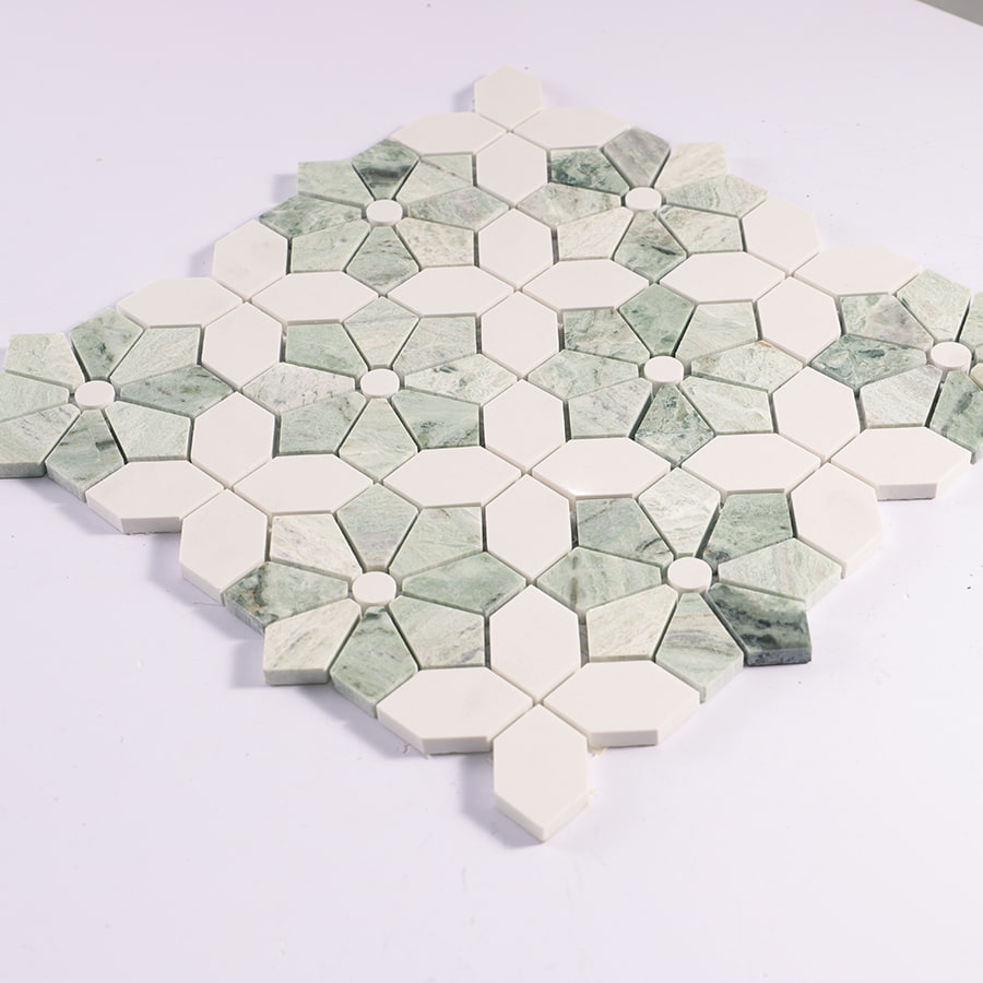 Diagonal perspective of green flower mosaic tile sheet