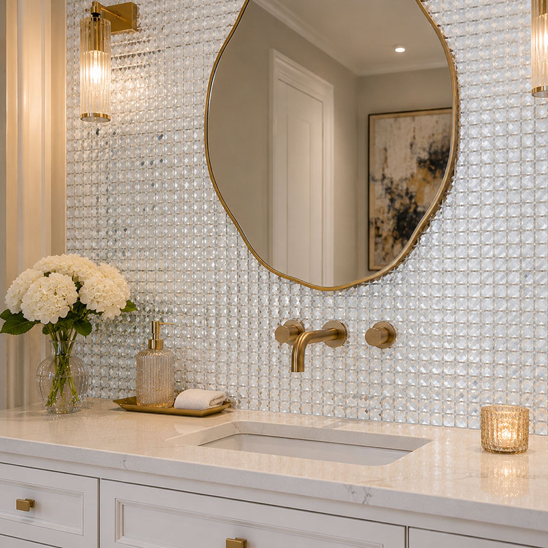 Diamond cut glass mirror tile bathroom wall with round mirror and warm lighting