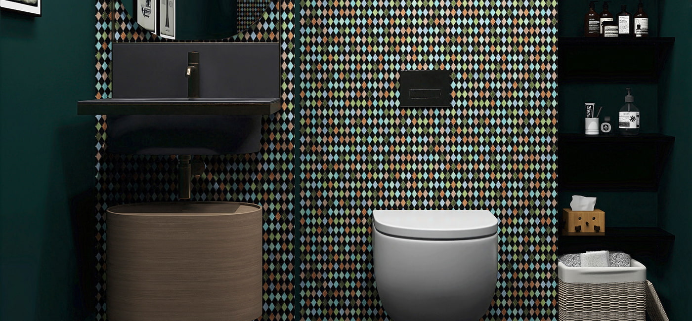Multicolor rhombus mosaic tiles creating a striking bathroom feature wall