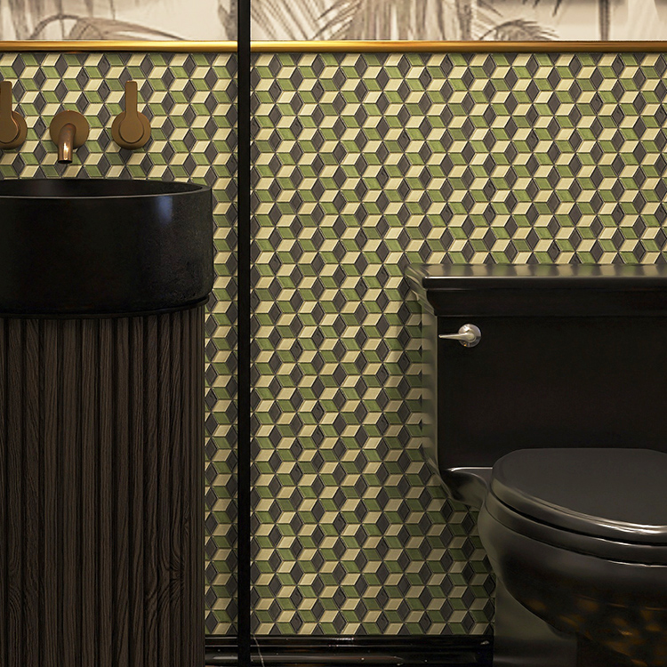 Green glass diamond 3D tube mosaic tiles on the bathroom wall in a vintage style.