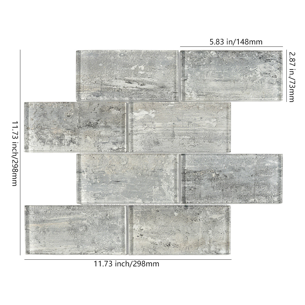 Drawing of a distressed cement look glass subway tile sheet showing exact dimensions.