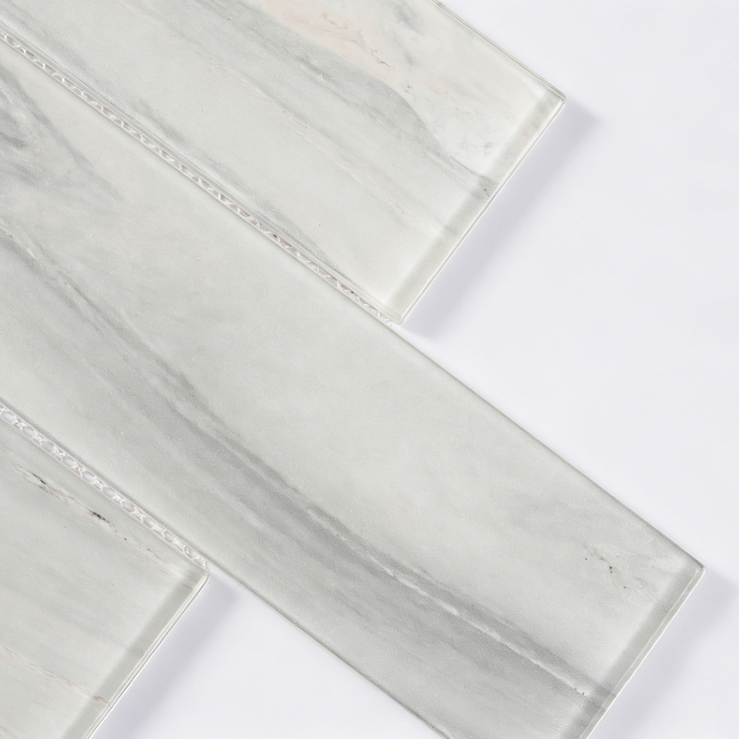 Close up corner view showing the dynamic ink marble texture encased in clear glass.