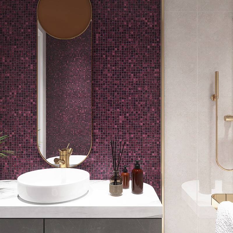Elegant bathroom with glossy purple foil glass mosaic tile vanity