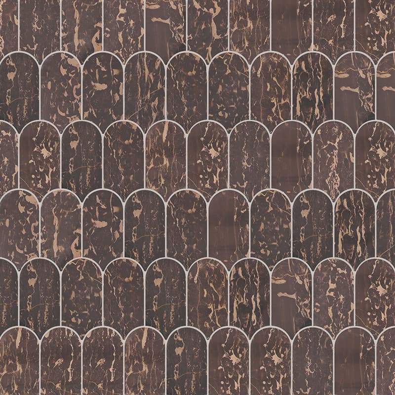 Elongated fish scale tiles in dark marble with feather-like shape