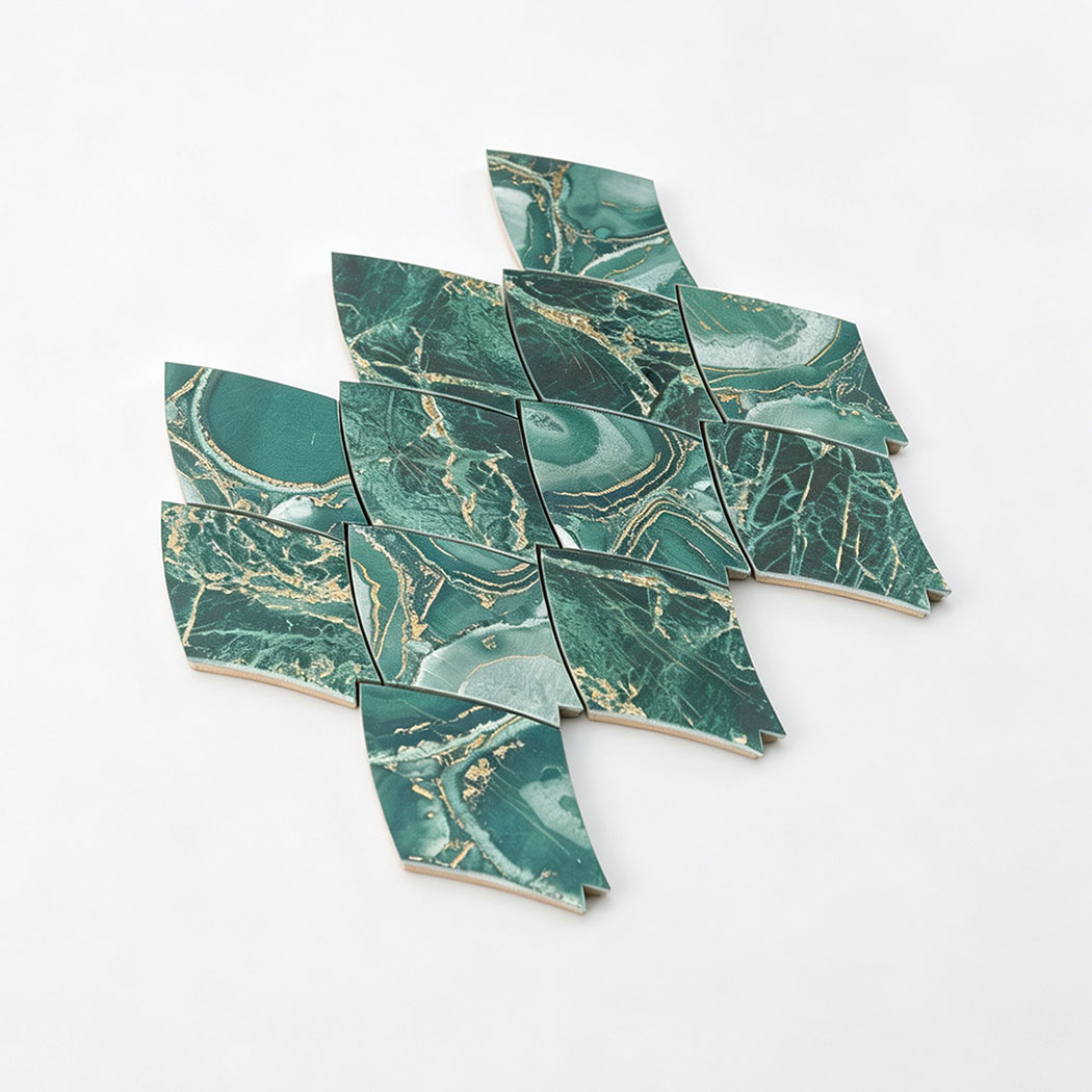 Perspective display of emerald green and gold leaf shape aluminum tile