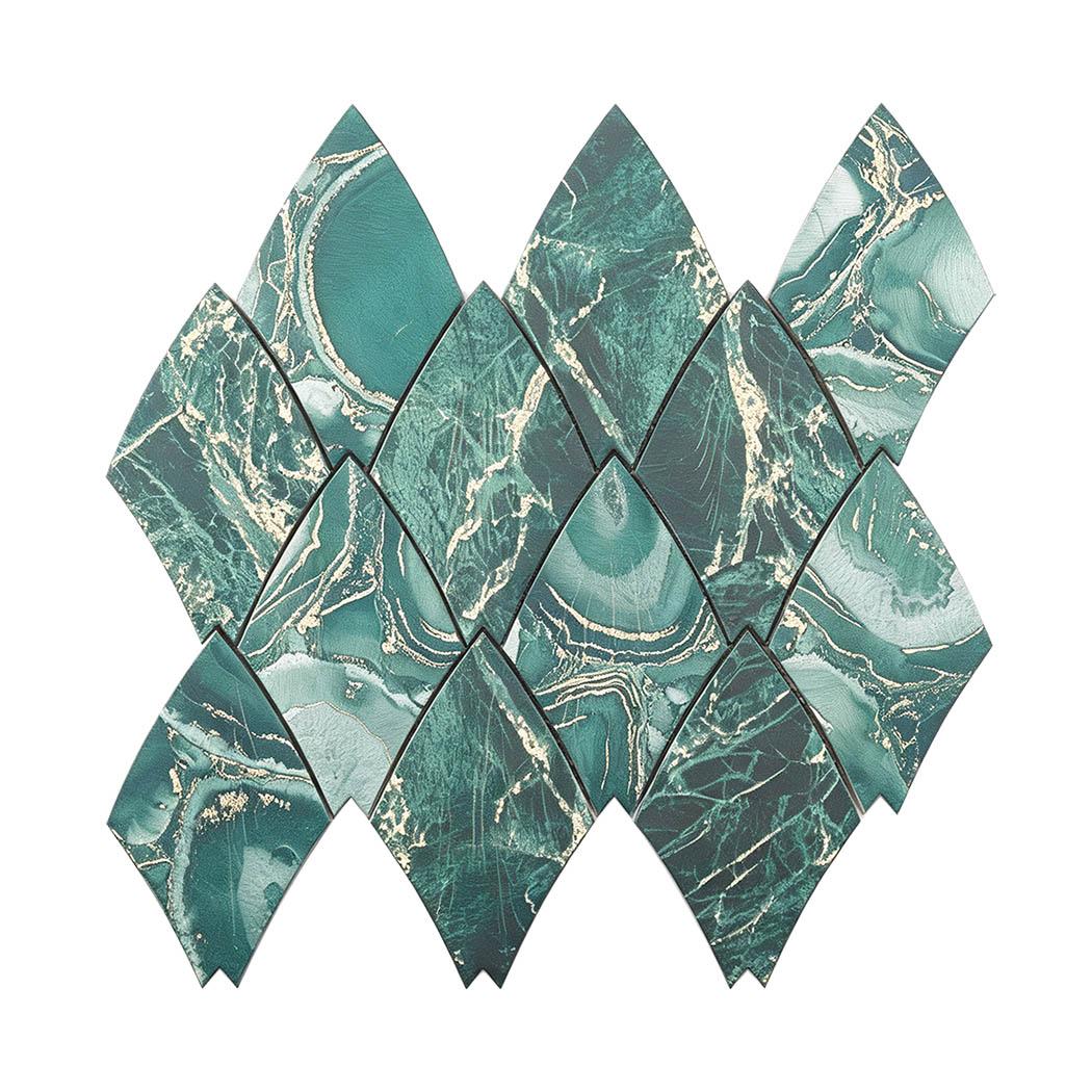 Emerald green and gold leaf shape aluminum mosaic tile full sheet view
