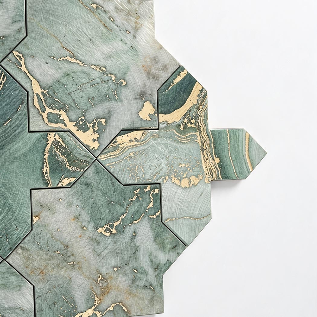 Close up on the outer edge profile of emerald gold onyx mosaic