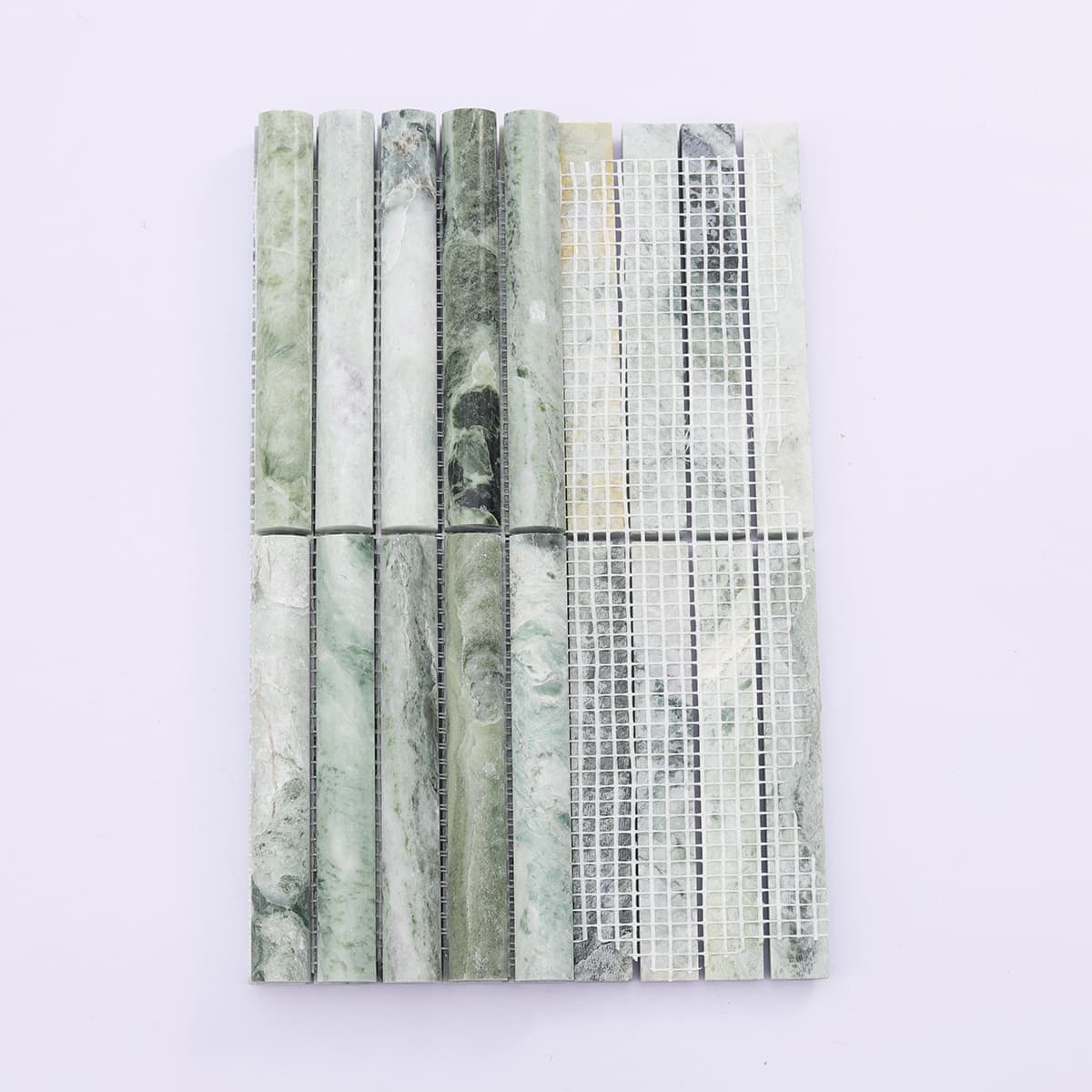 Mesh backing of emerald green fluted marble mosaic tile