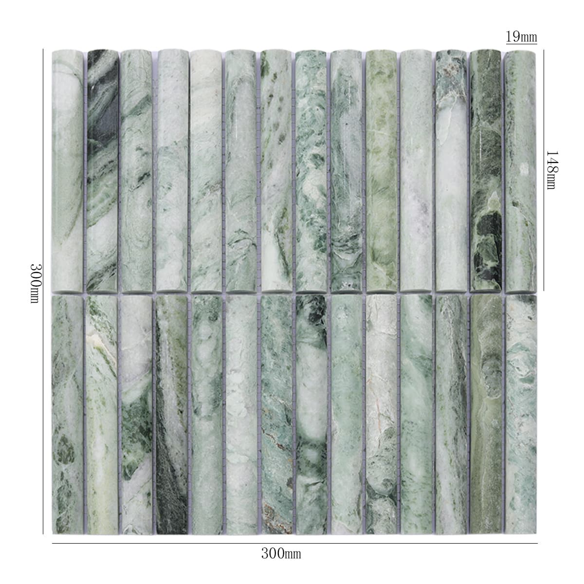 Emerald green fluted marble mosaic tile with dimensions displayed