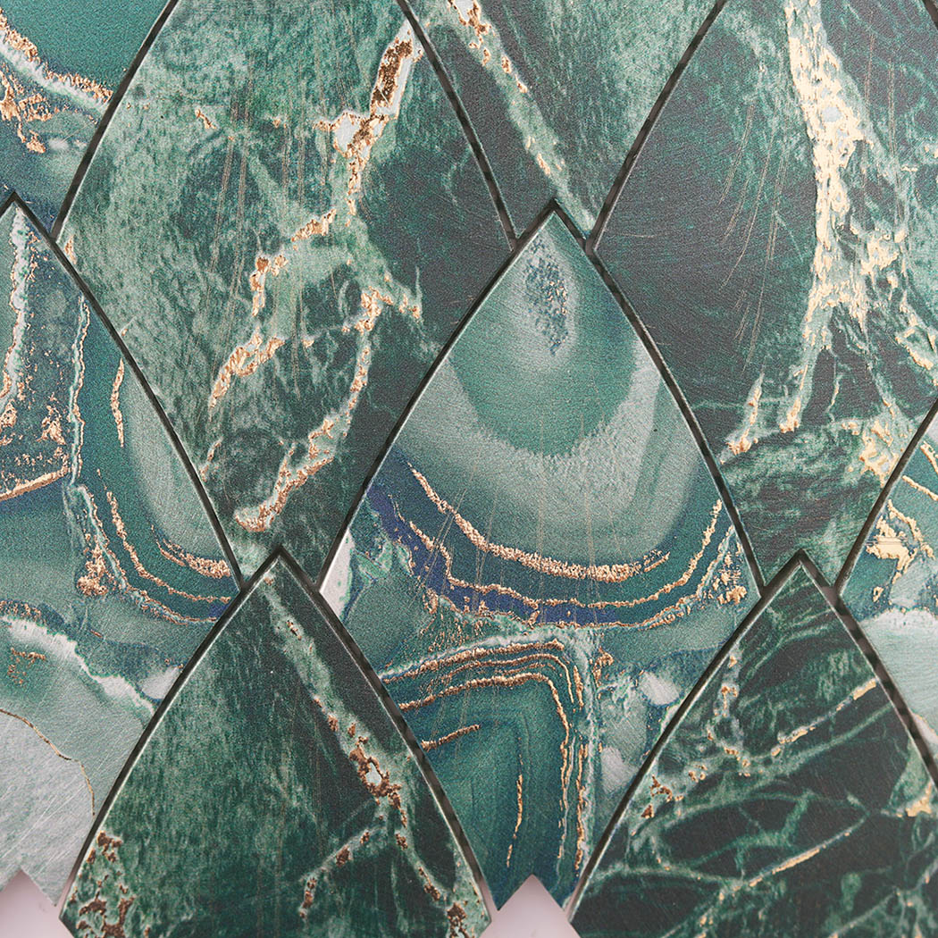 Close up of emerald green marble veining leaf shape aluminum mosaic tile