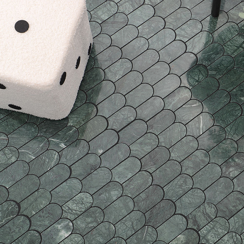 Emerald green picket marble mosaic tile floor with natural white veining.