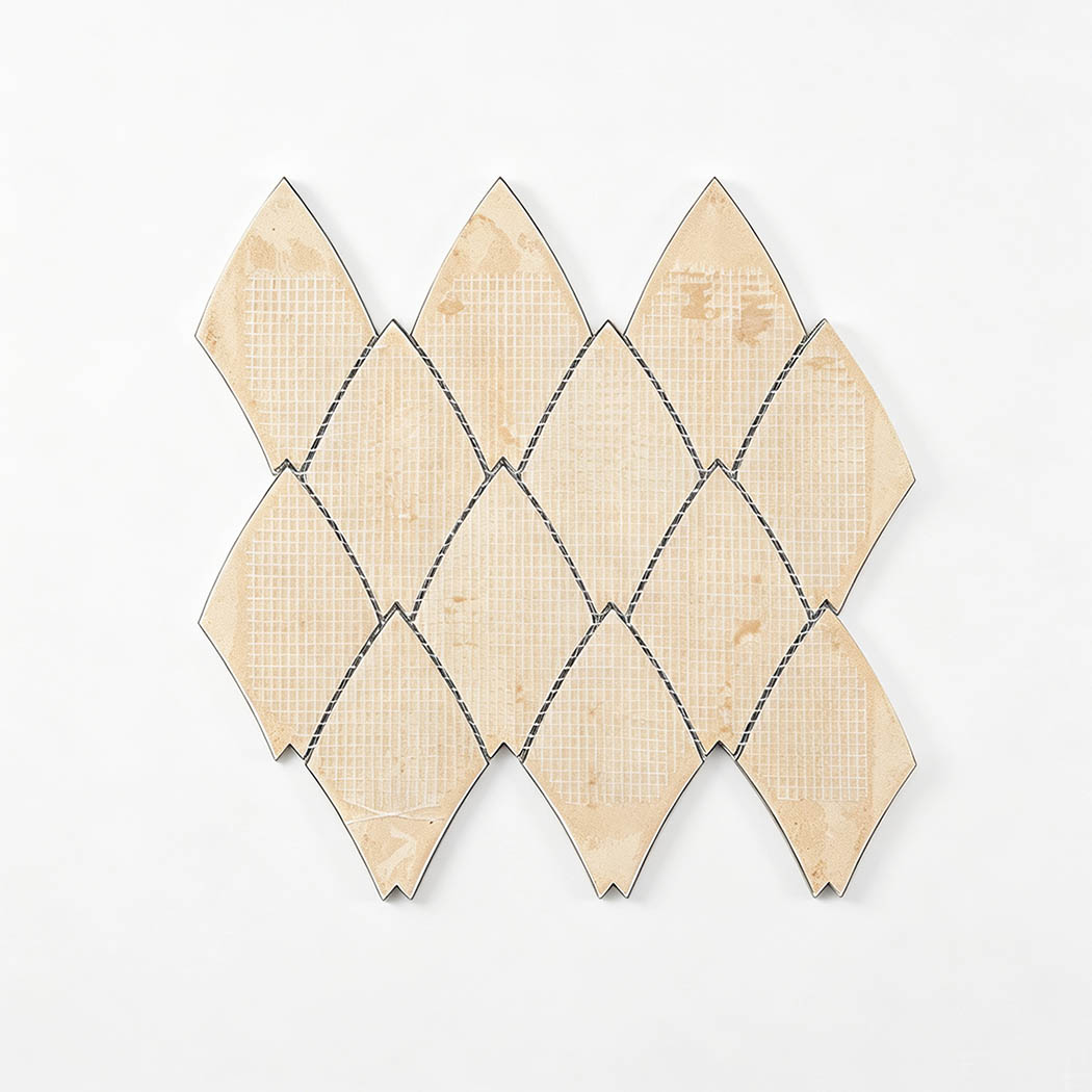 Back view of emerald green leaf shape aluminum tile with mesh backing