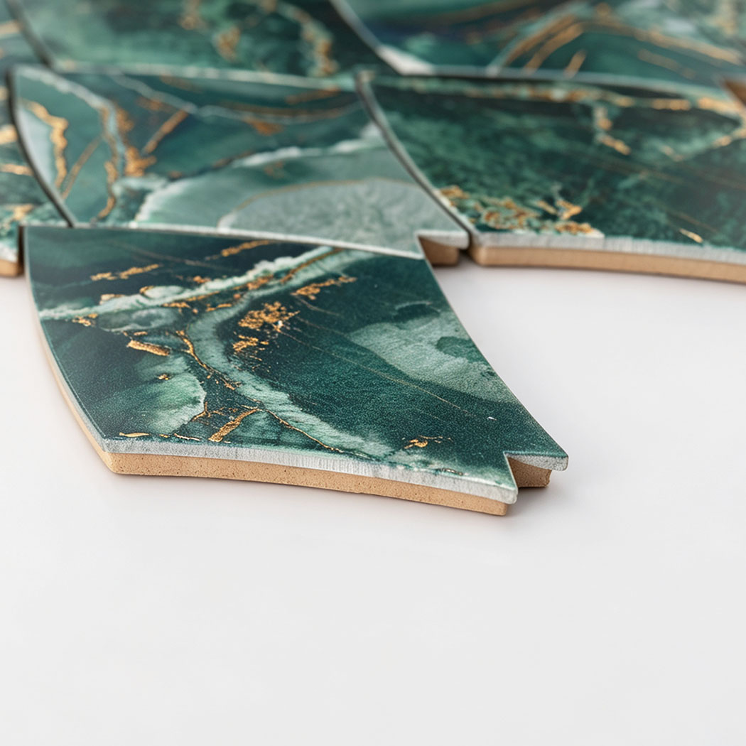 Side view showing edge profile and thickness of emerald leaf aluminum tile