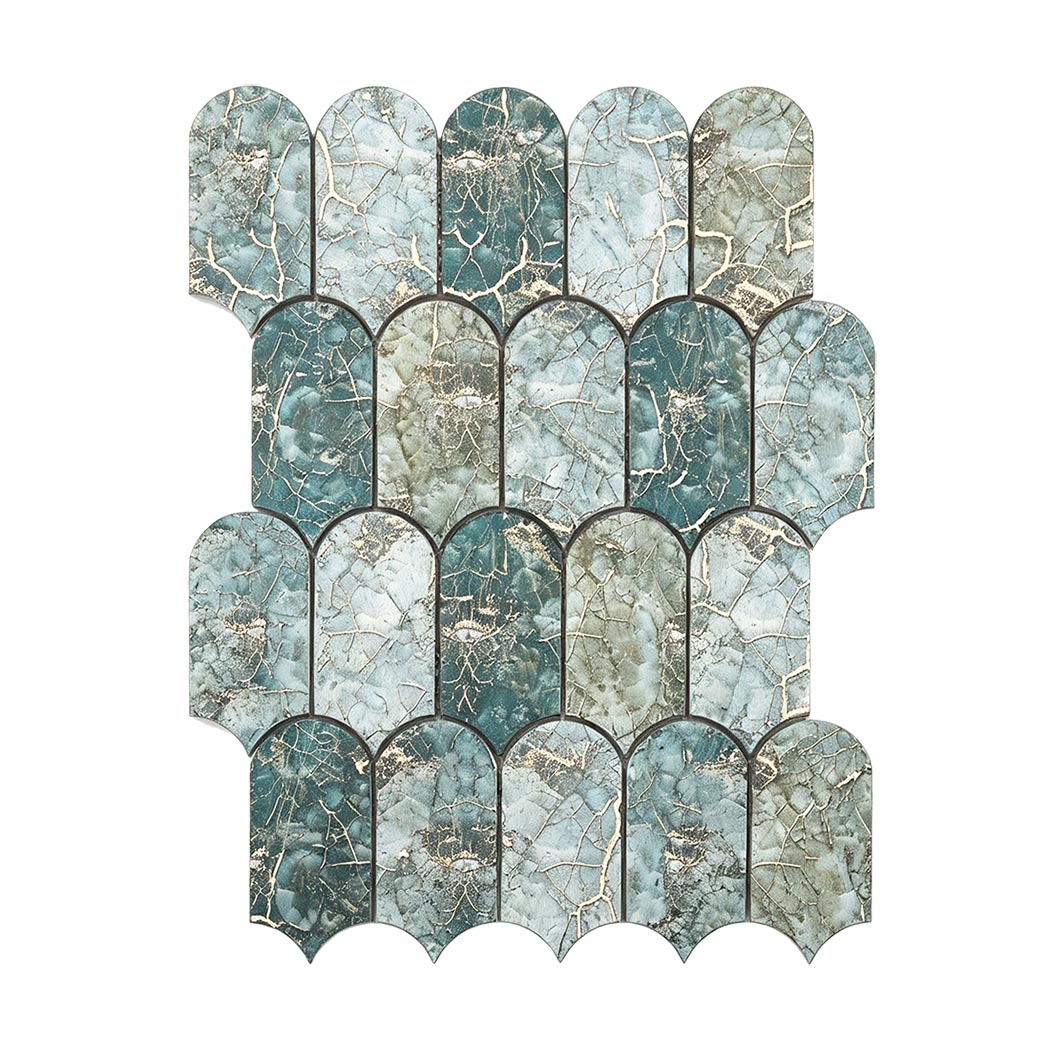 Front view of emerald teal green gold fish scale aluminum mosaic tile