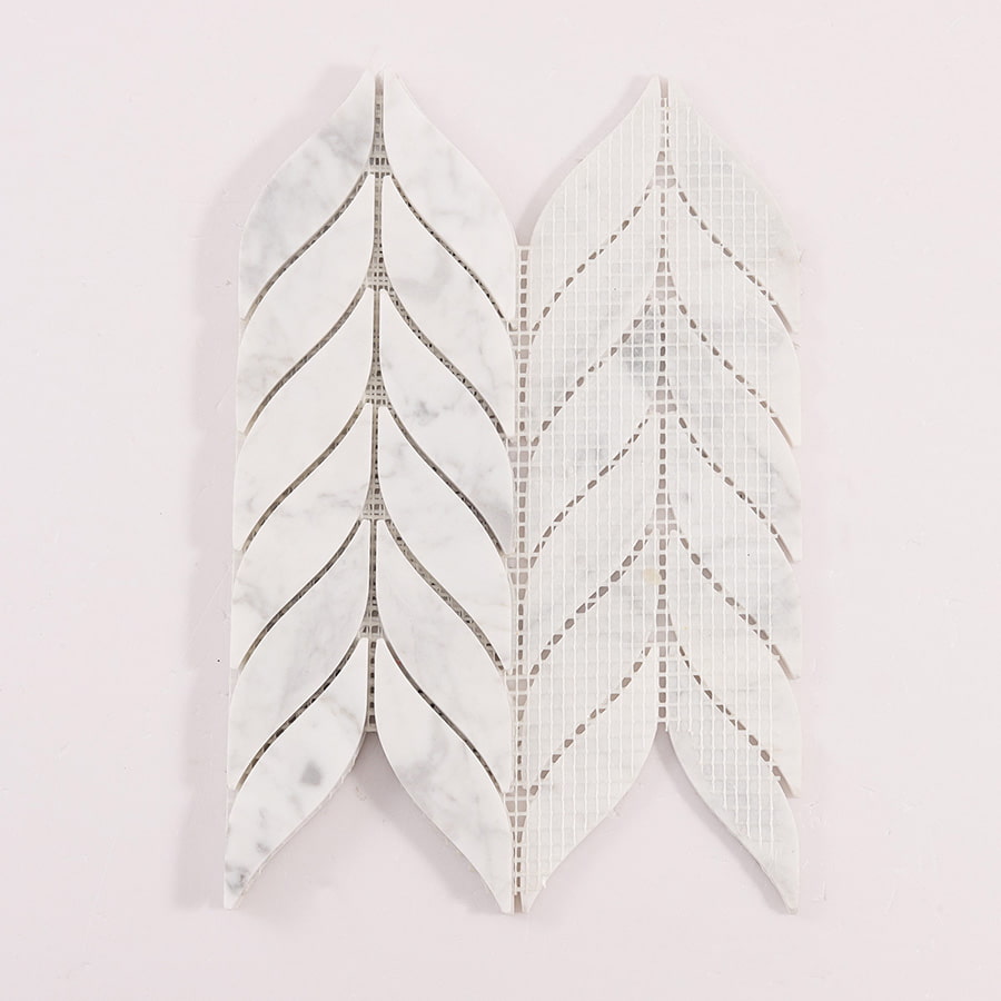 Back view of Feather Carrara White Marble Mosaic Tiles with mesh backing