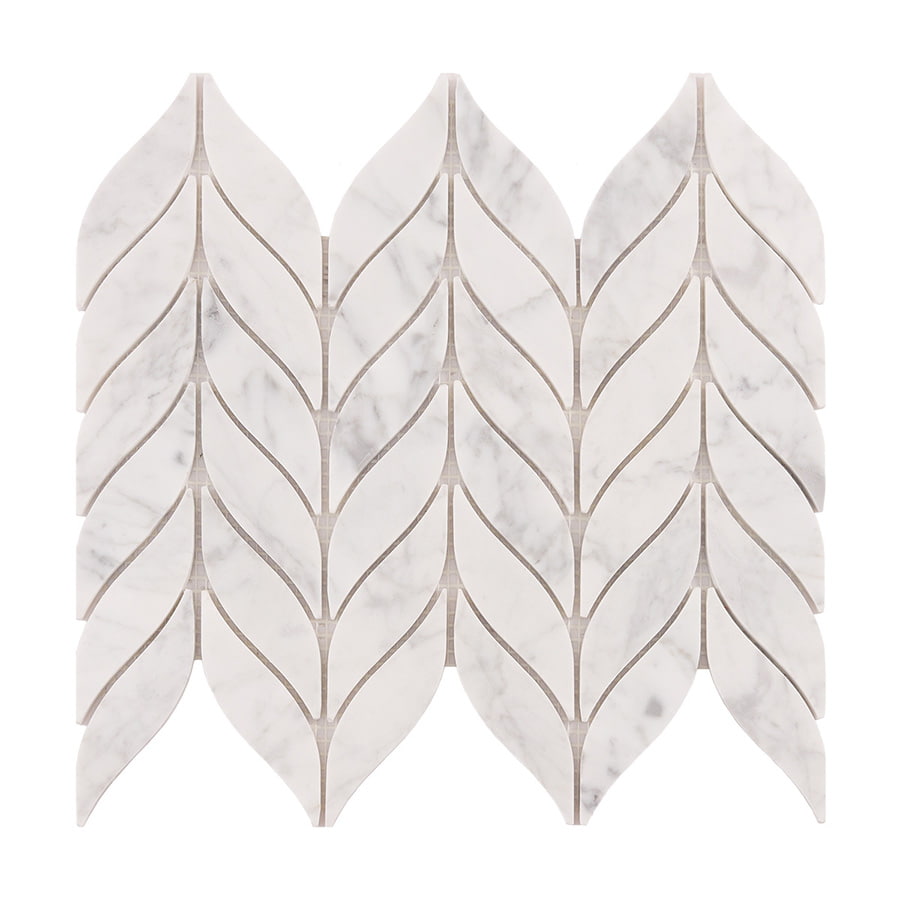 Single sheet of Feather Carrara White Marble Mosaic Tiles in leaf pattern