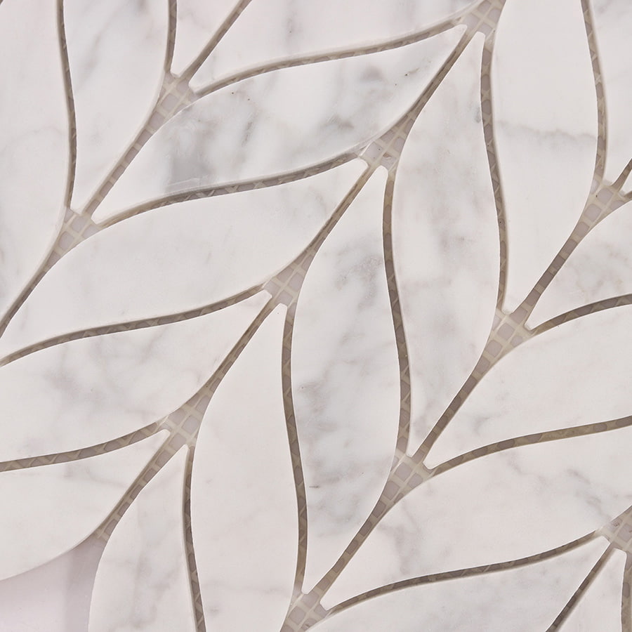 Surface pattern of Feather Carrara White Marble Mosaic Tiles in leaf design