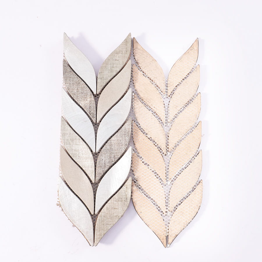Backside view of feather leaf aluminum mosaic metal wall tile sheet
