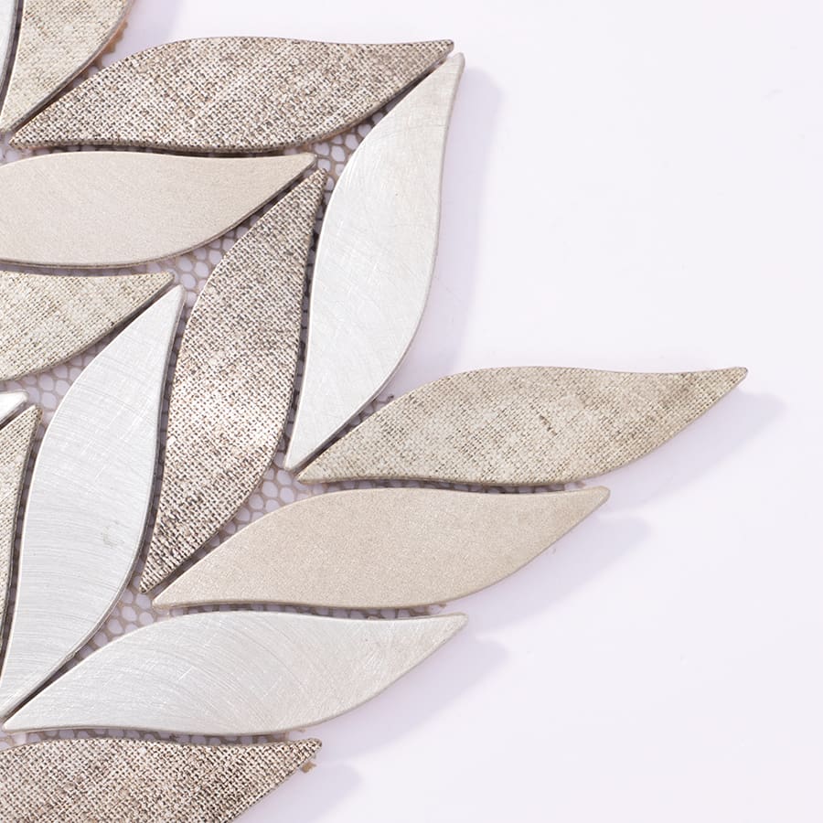 Close-up of feather leaf aluminum mosaic metal wall tile corner details