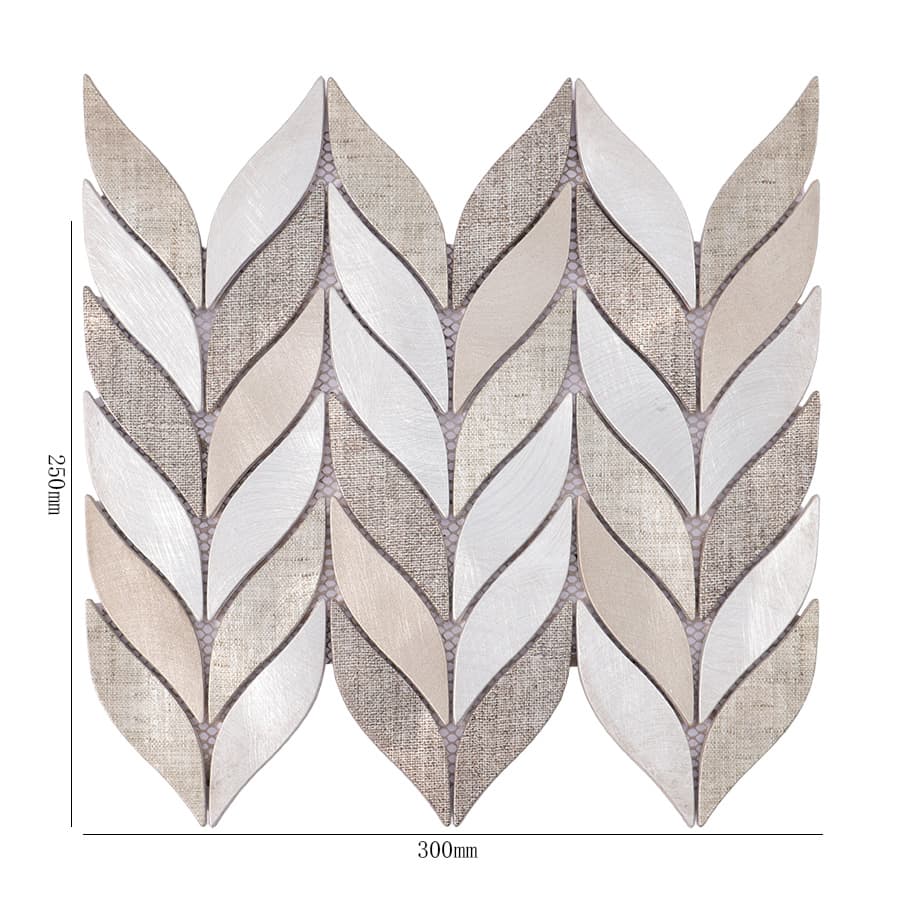 Feather leaf aluminum mosaic metal tile sheet with size measurements