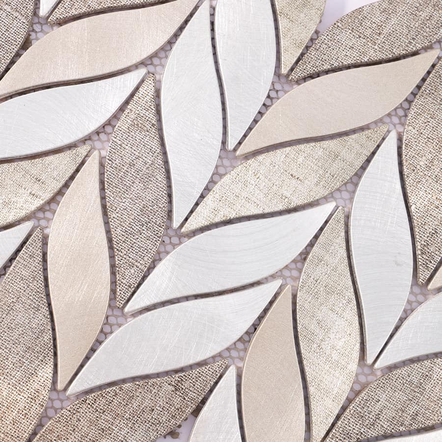Close-up of feather leaf aluminum mosaic metal wall tile surface texture