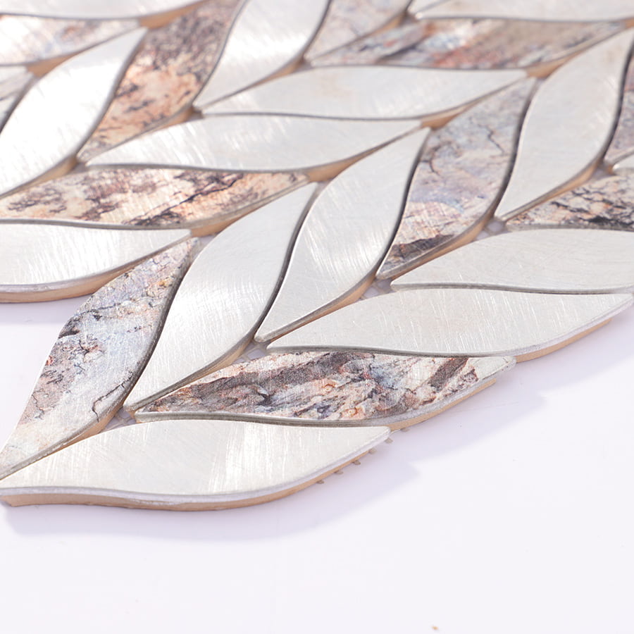 Edge view of feather leaf silver and brown aluminum mosaic tile