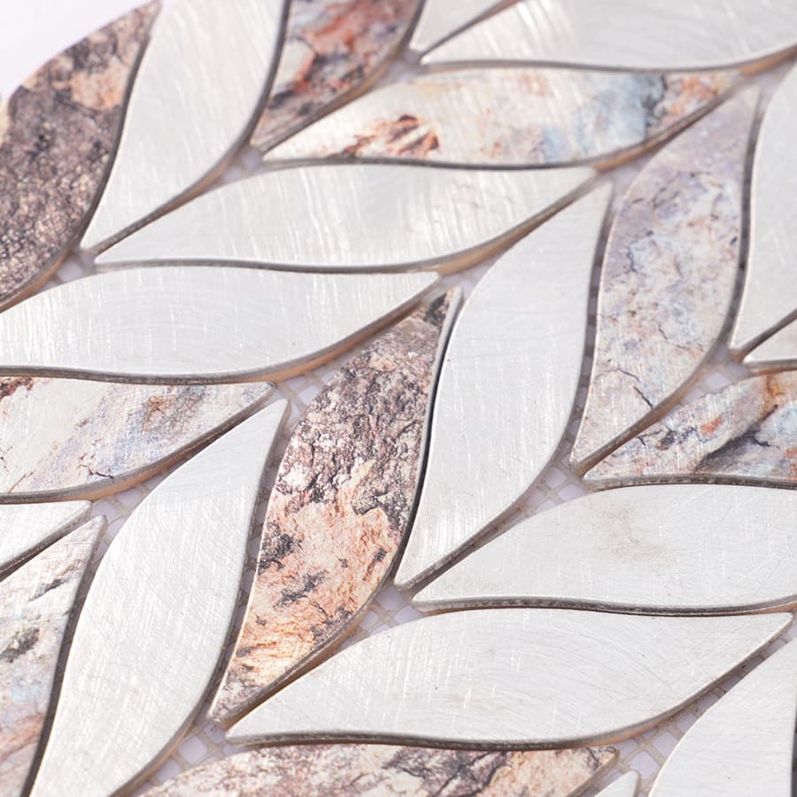 Surface detail of feather leaf silver and brown aluminum mosaic wall tile