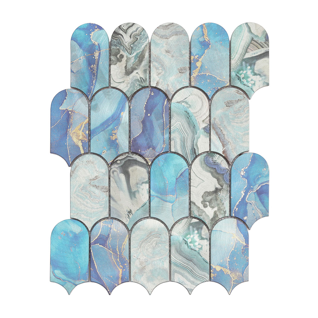 Top view of a fish scale shaped blue marble texture aluminum metal mosaic tile sheet.