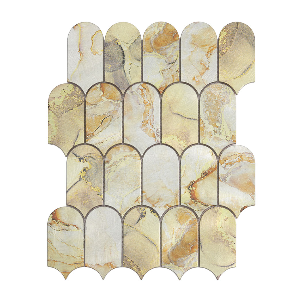 Top view of a fish scale shaped gold marble texture aluminum metal mosaic tile sheet.