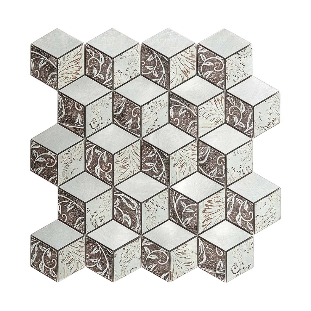 3D cube shape metallic mosaic tile with vintage floral pattern.
