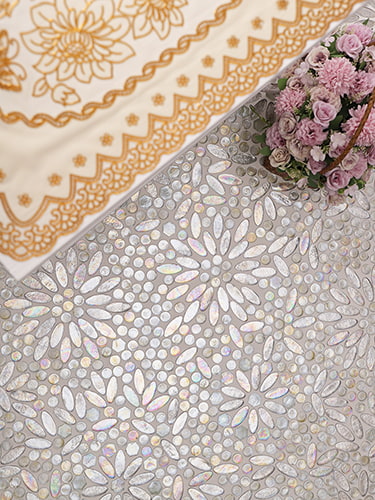 White flower glass mosaic floor tile paired with traditional interior design