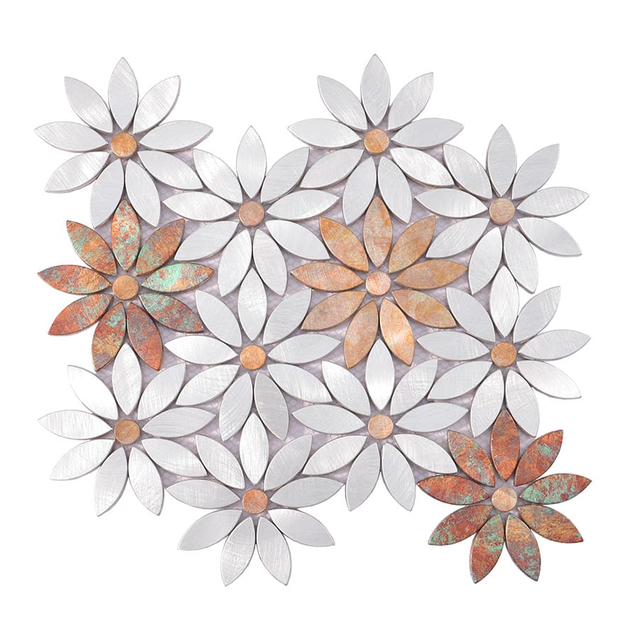 Full sheet of flower shaped aluminum mosaic tiles front view