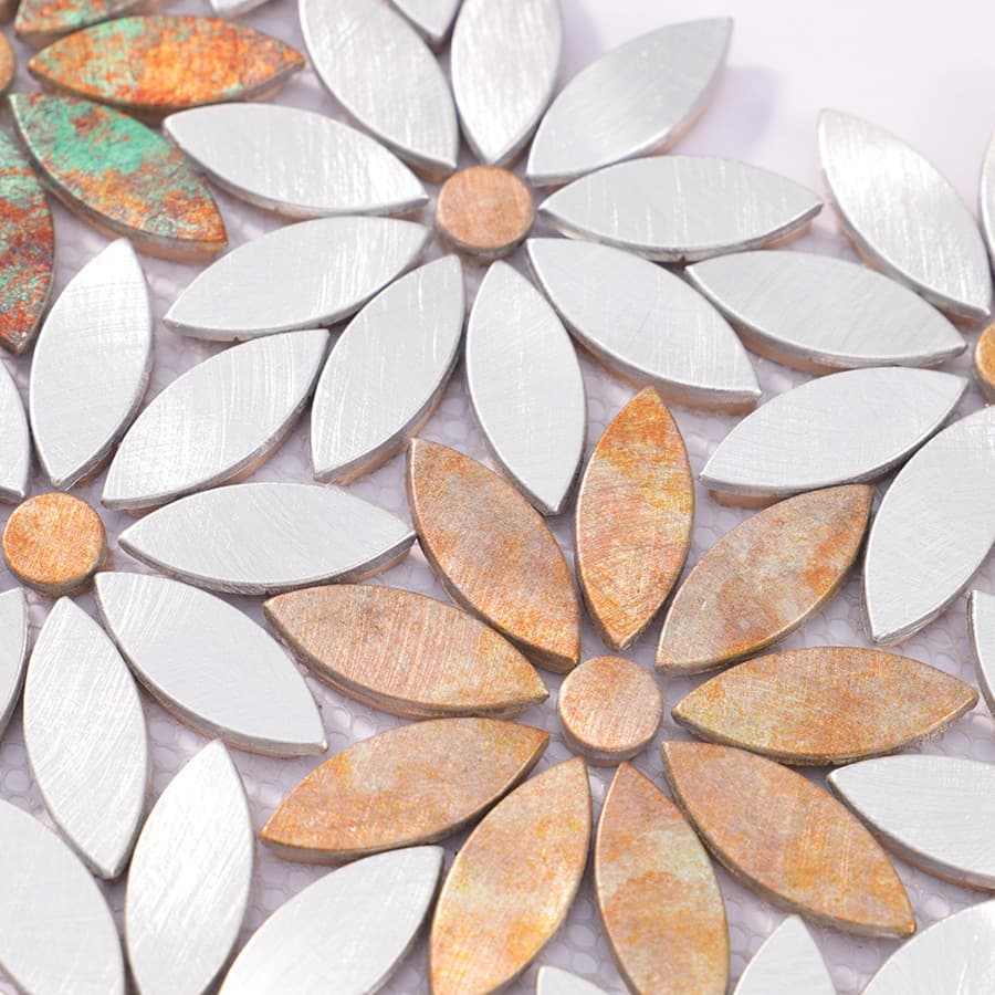 Close-up of flower shaped aluminum mosaic tile surface details