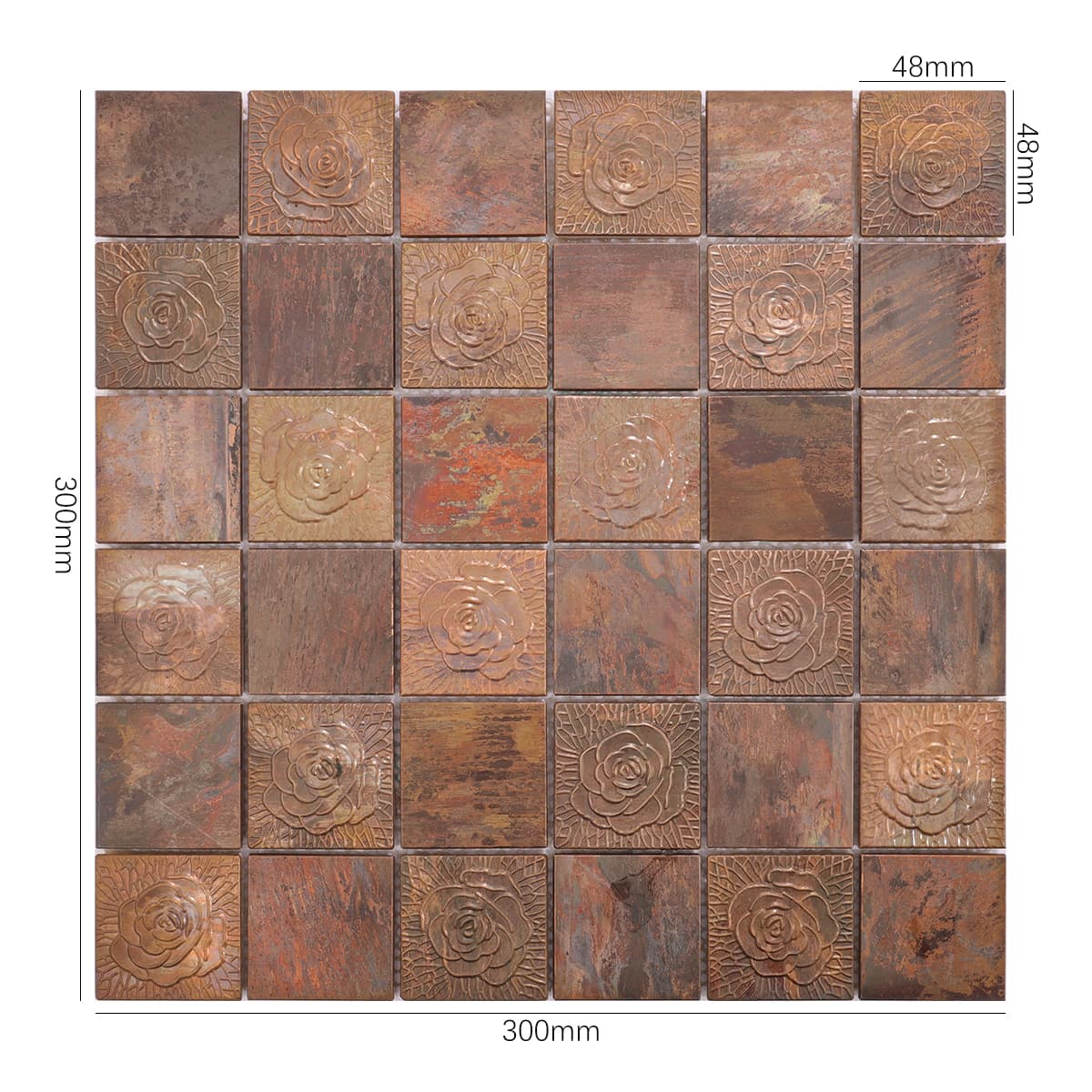 Copper flower mosaic tile sheet with size info