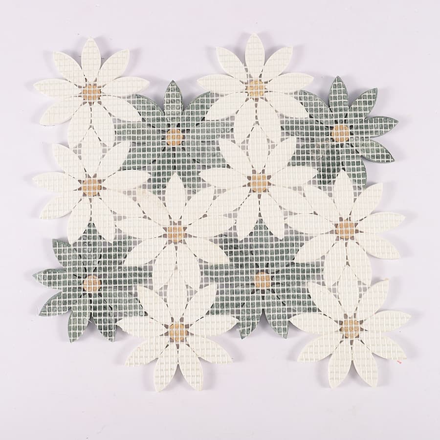 Back view of marble flower mosaic tile sheet with mesh for installation.