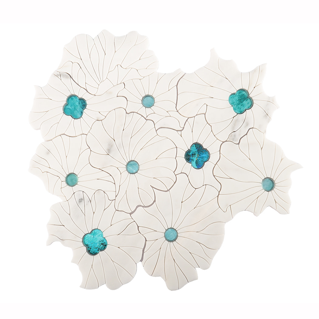 Front view of flower-shaped marble mosaic tile sheet with blue glass accents.