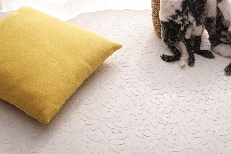 Flower Marble Tiles with daisy pattern design on white marble floor