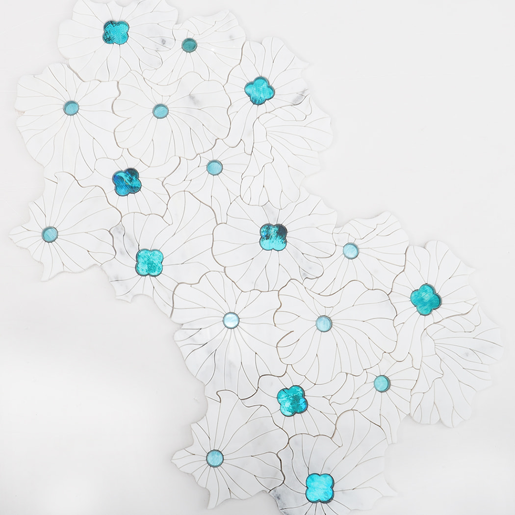 Layout display of multiple flower-shaped marble mosaic tile sheets.