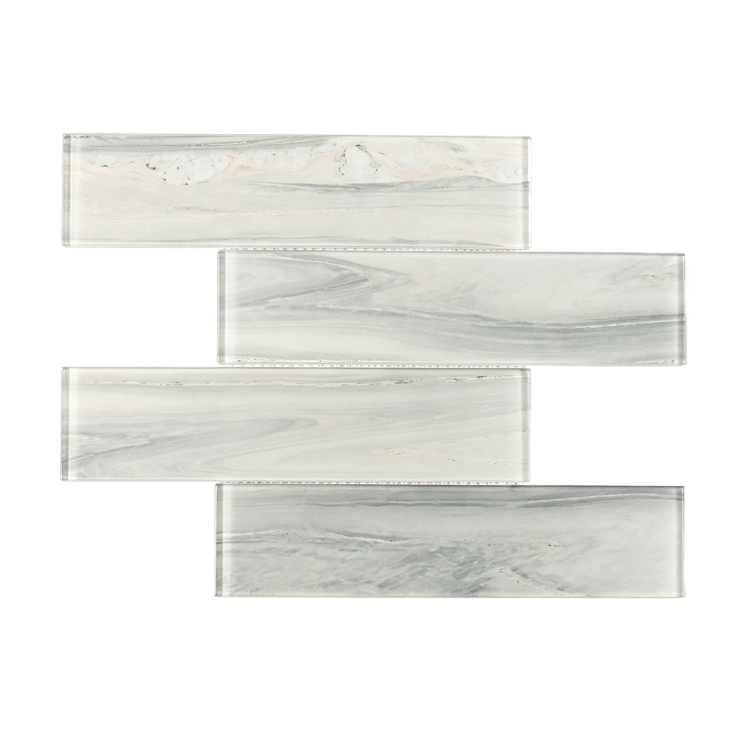 Front view of a full interlocking sheet of flowing marble pattern grey glass tiles.