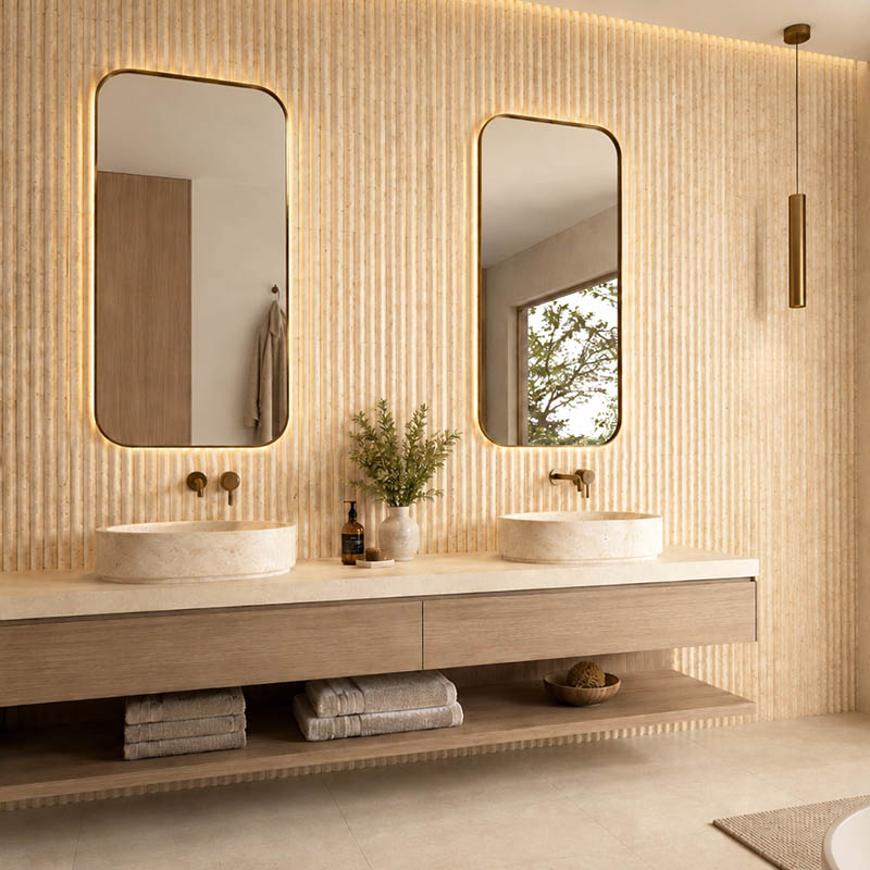 Fluted marble wall tile behind double vanity with round sinks and mirrors