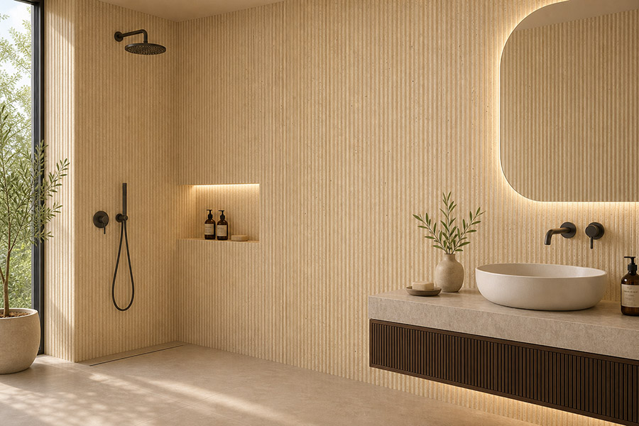 Fluted travertine tiles on a warm modern bathroom shower and vanity wall
