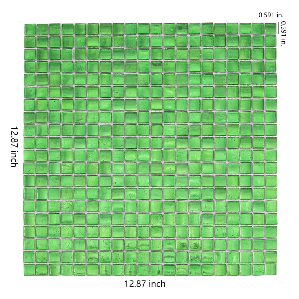 forest green glass square mosaic tile sheet with size measurements on white background
