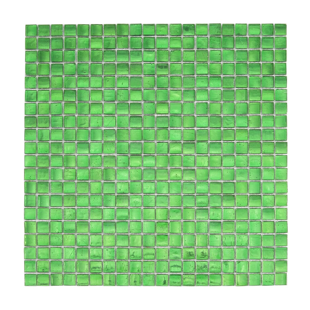 top view of forest green square glass mosaic tile sheet with uniform grid