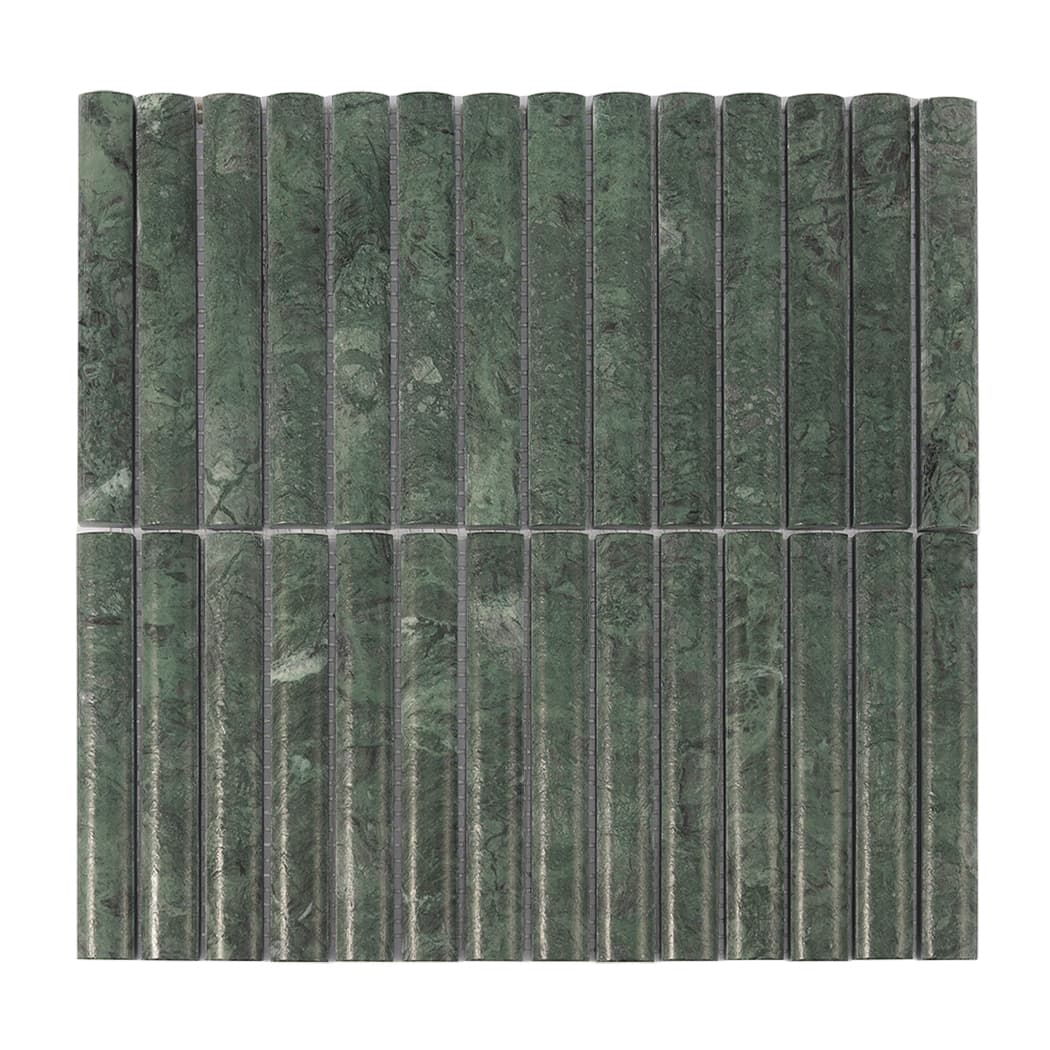 Flat top-down view of an emerald green marble kit kat mosaic tile sheet.