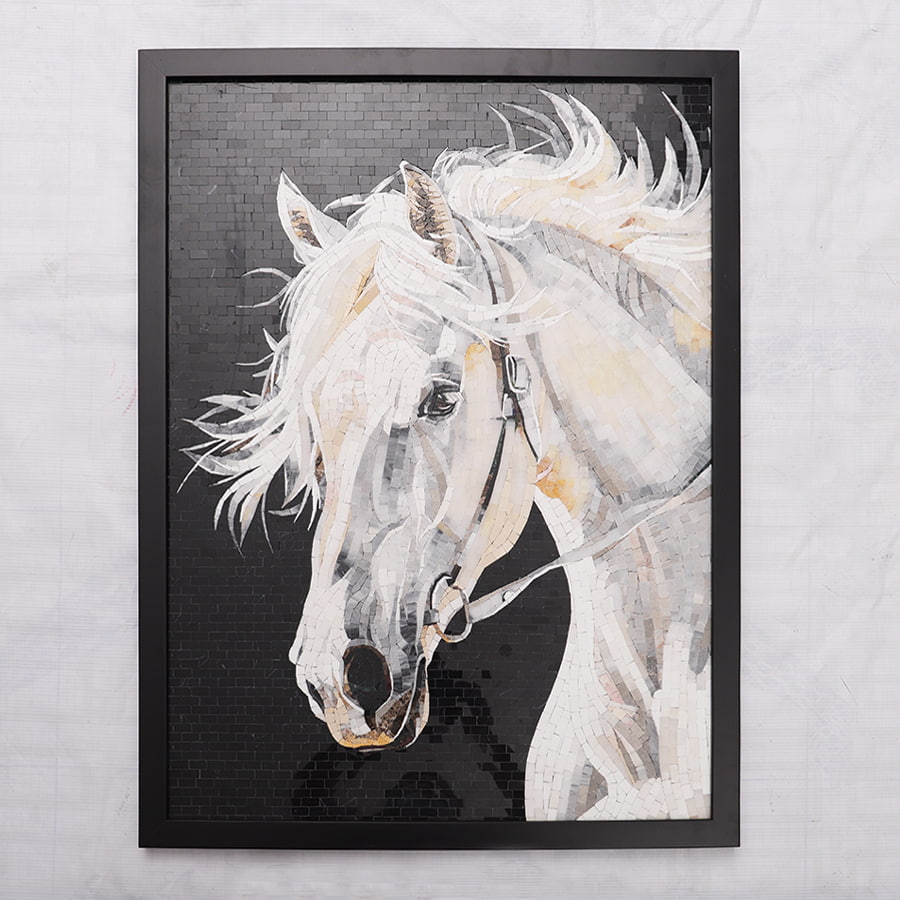 White horse mosaic tile art panel displayed in a black frame