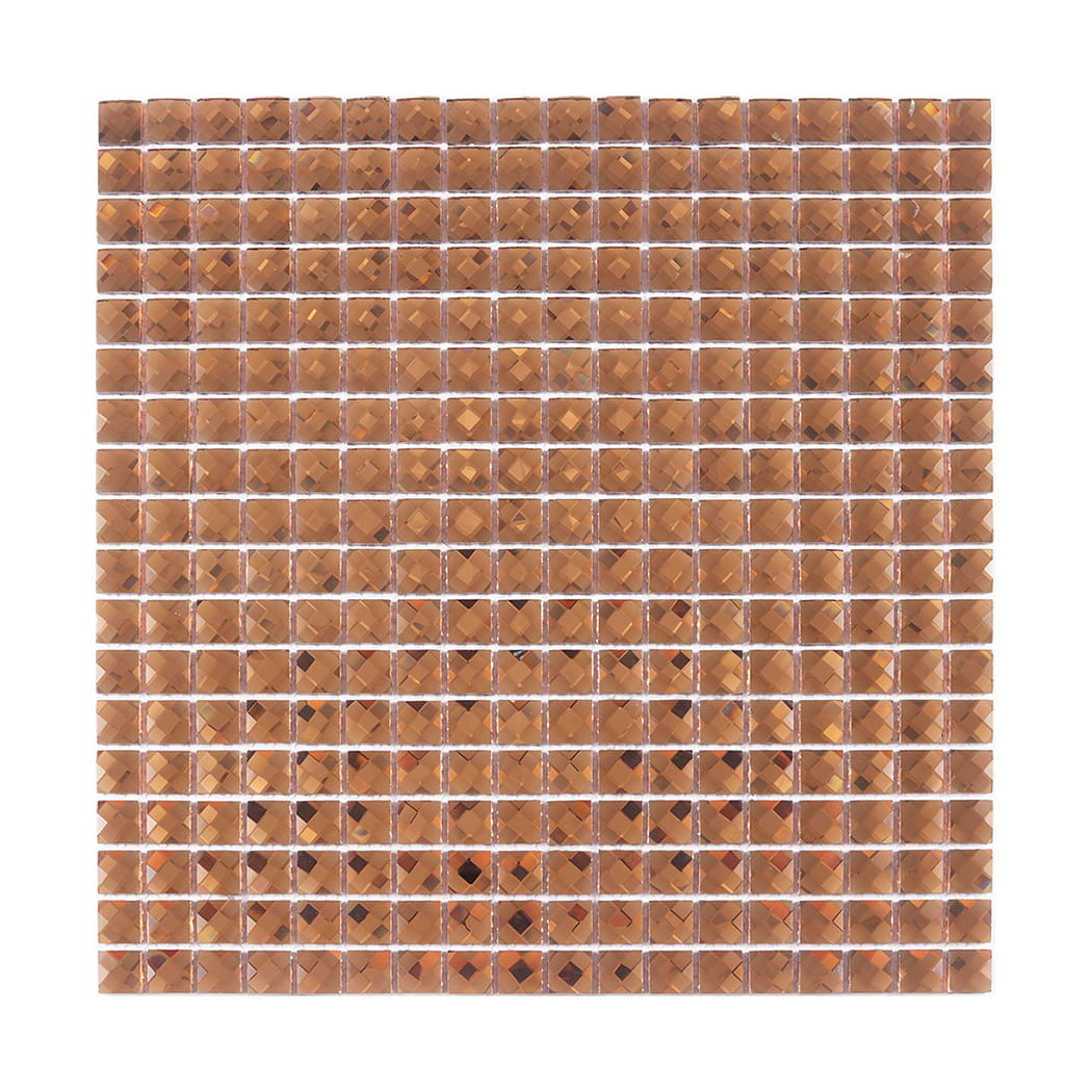 Frontal view of a full sheet of bronze square crystal mirror glass mosaic tiles.