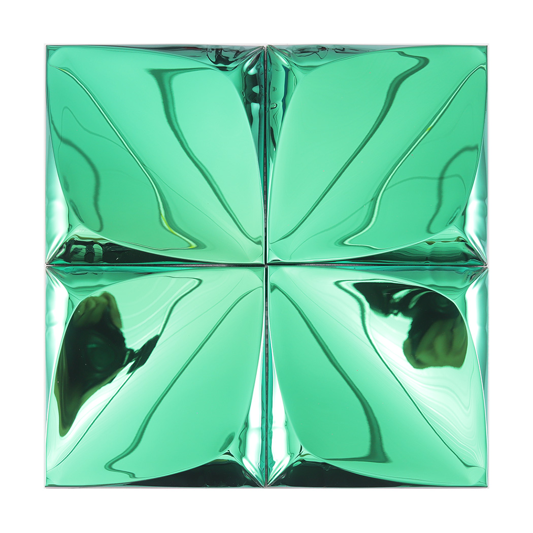 Front view of a 2x2 grid of green metallic 3D wall tiles.